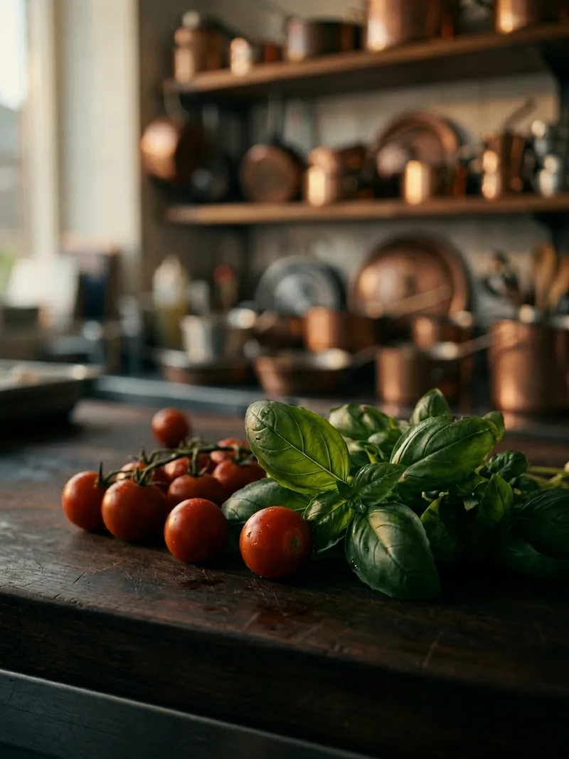 Fresh basil and tomatoes on a wooden countertop in an Italian kitchen