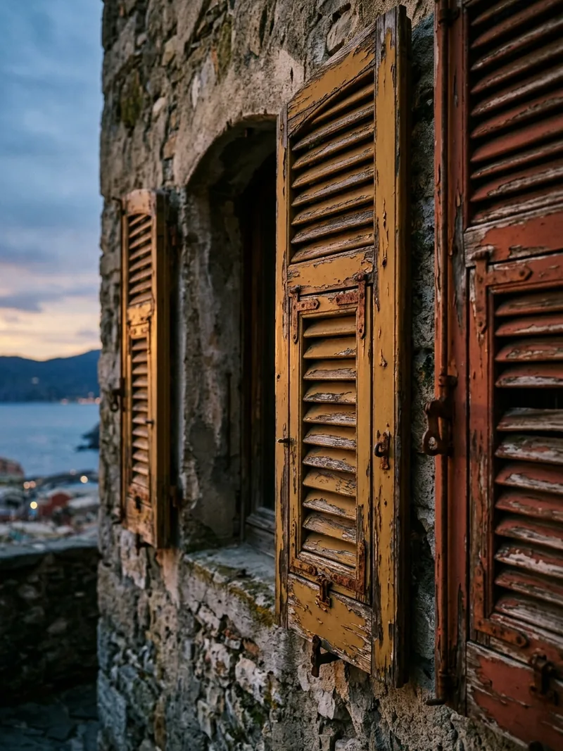 Weathered shutters of an Italian Riviera coastal building