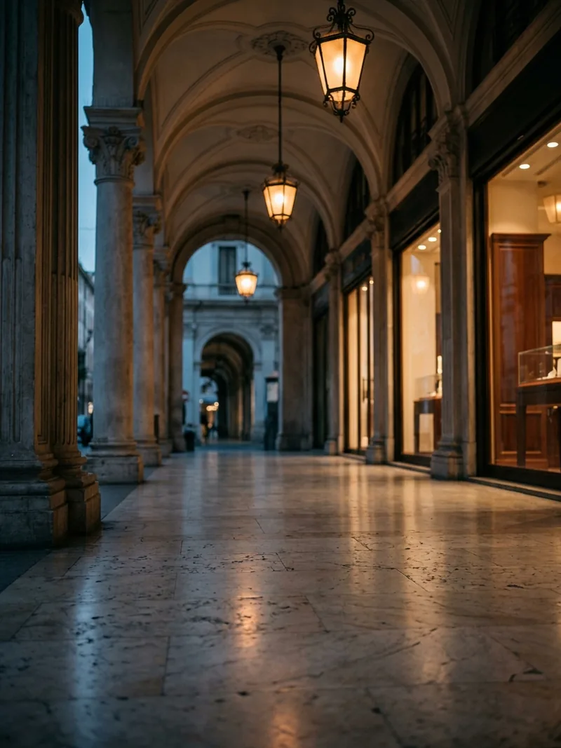 Elegant Italian arcade gallery with classical architecture at dusk