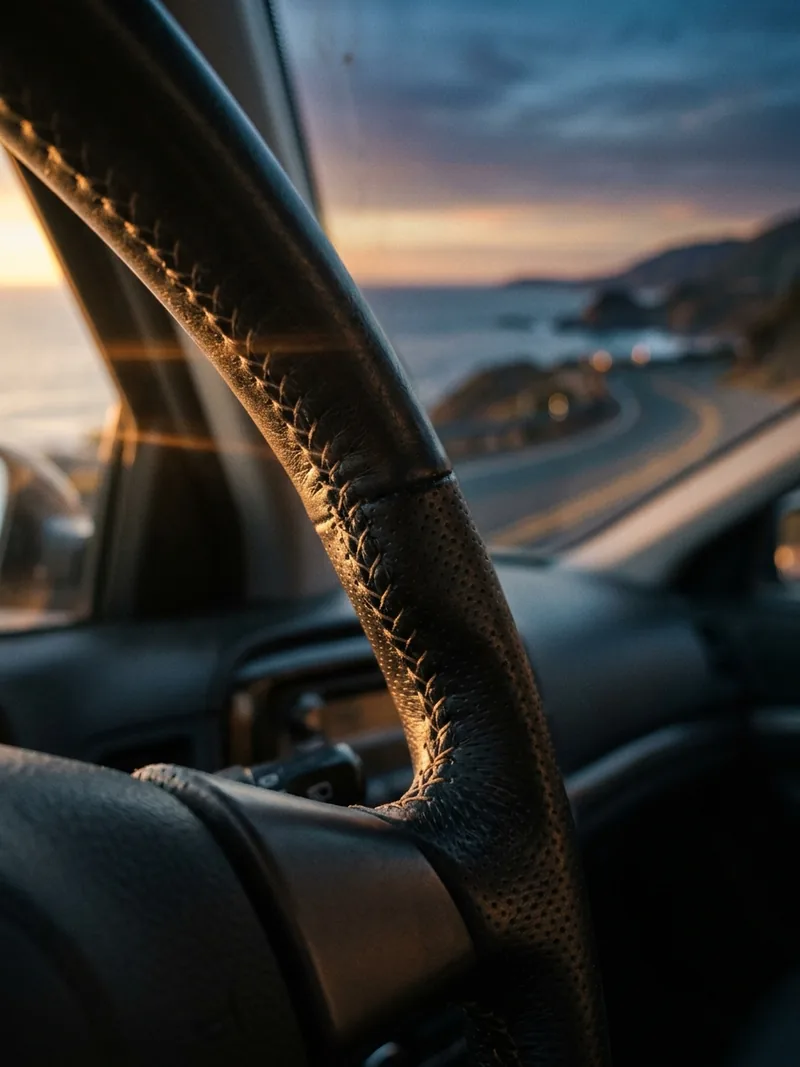 Leather steering wheel detail with coastal road at golden hour