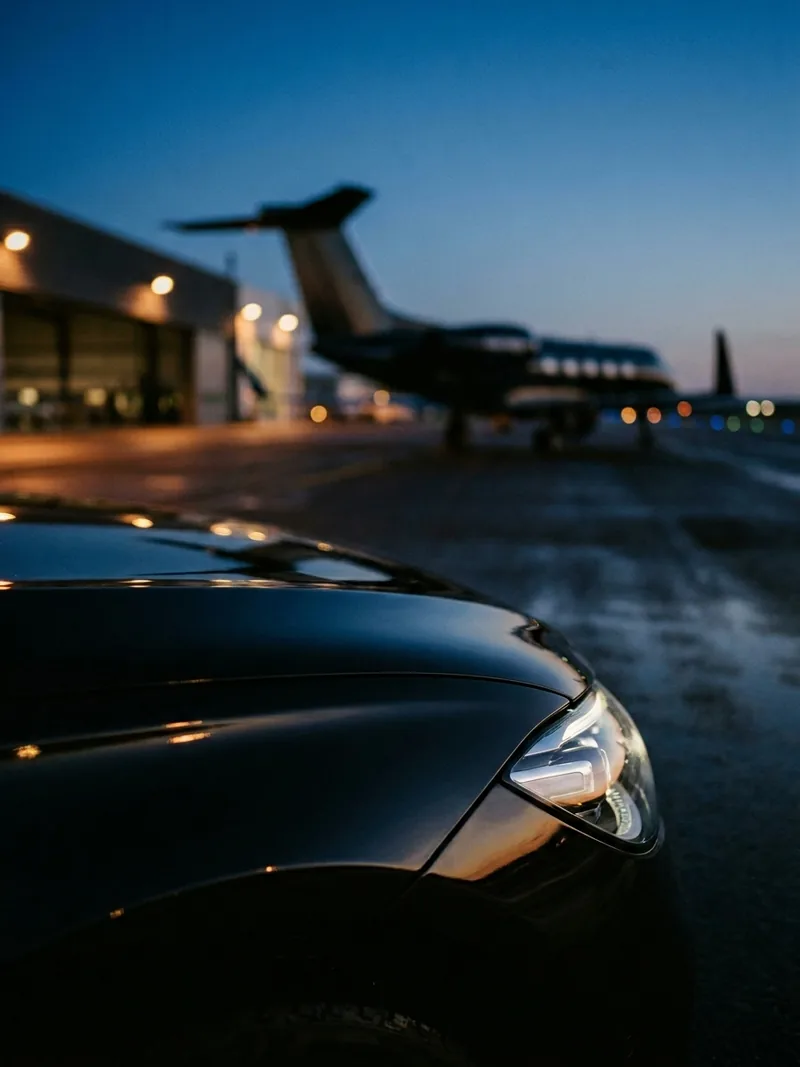 Black car at a private aviation terminal at dusk