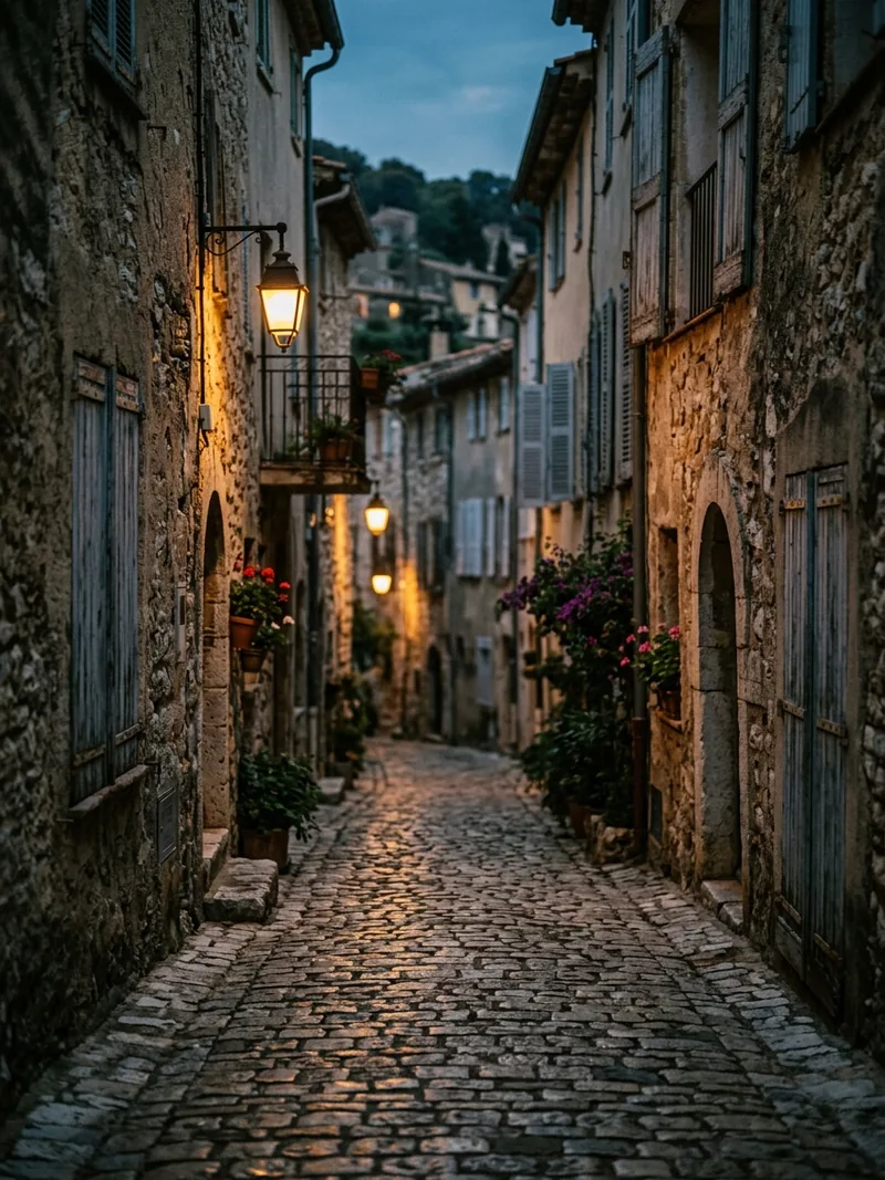 Stone alleyway in a medieval Riviera village at twilight